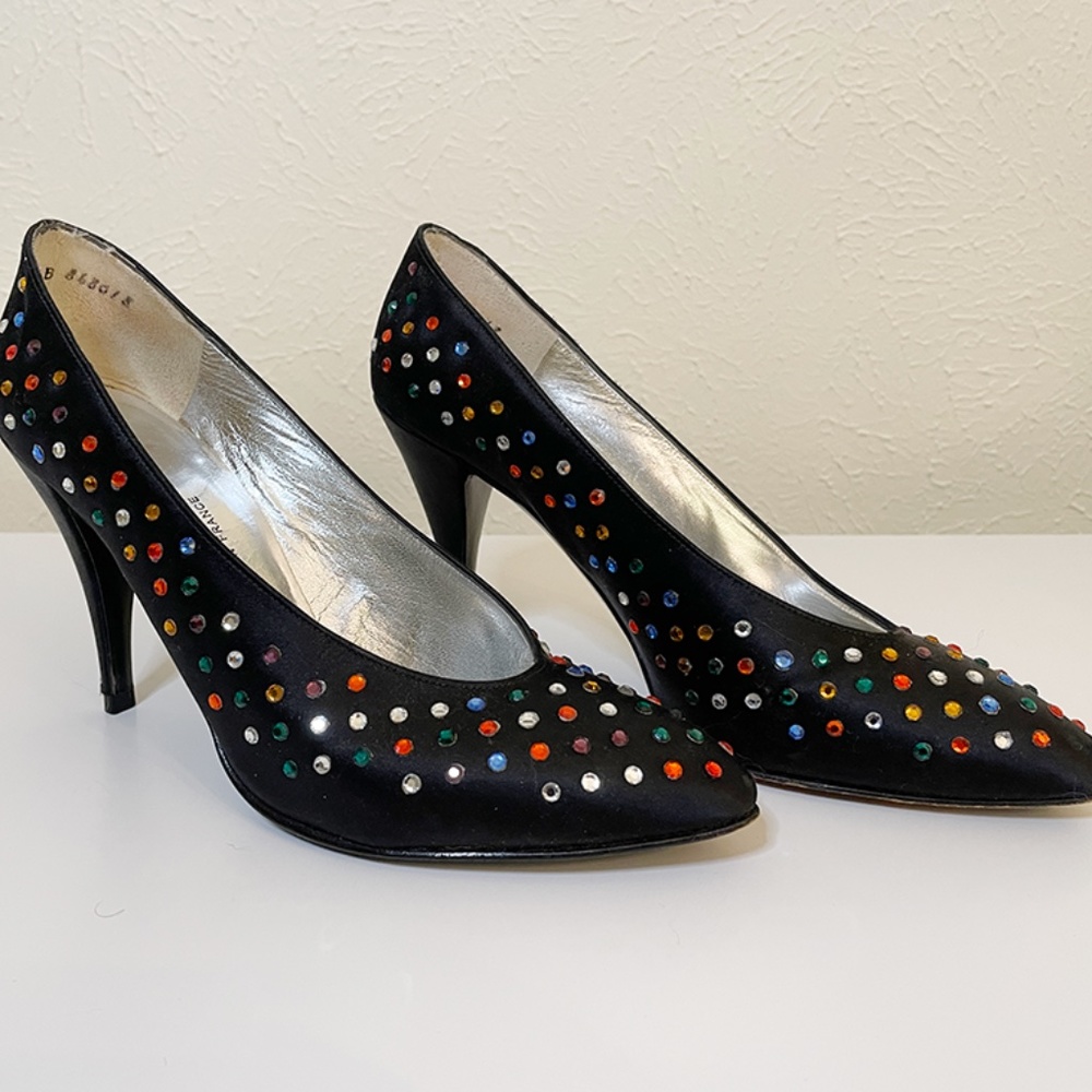Charles Jourdan Pumps  BlackSatin Rhinestone Heels Sz 6.5M France EUC
